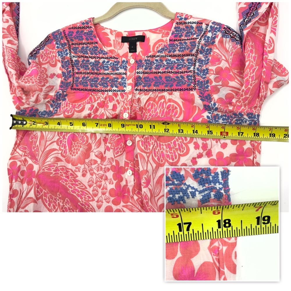 J Crew Floral Embroidered Blouse Top Womens Size 2 Tropical Peasant Boho Cotton - Picture 11 of 13